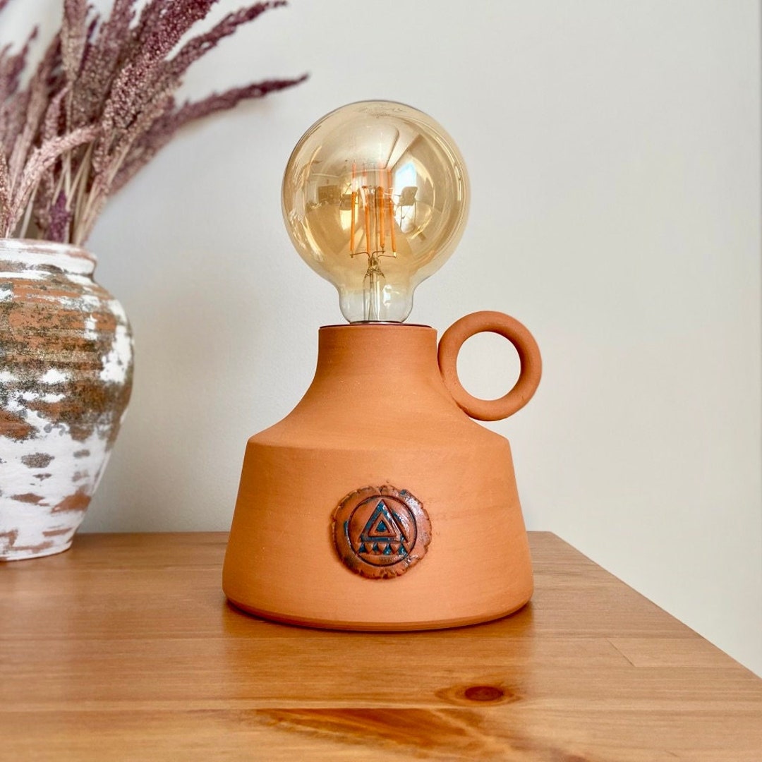 Ceramic Terracotta Clay Table Lamp, Bedside Unique Lighting, Farmhouse