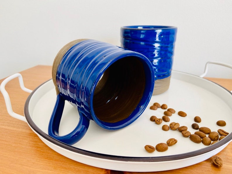 Blue Ceramic Coffee or Tea Cup, Pottery Mug 10 oz, Handmade Terracotta Cup, Housewarming Gift image 3