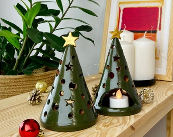 Christmas Pottery Candle Holder, Holiday Tree Tea Light, Christmas Ceramic Lantern, New Year Clay Tree Luminaire, Holiday Decorative Tree