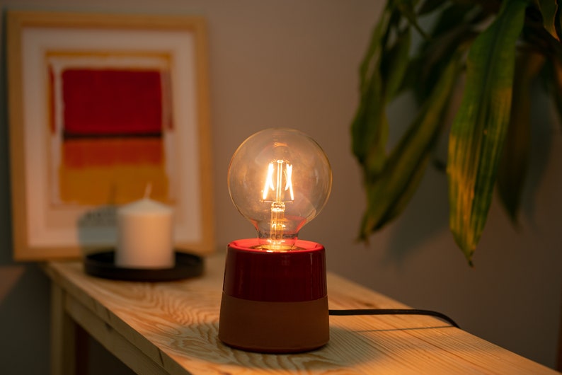 Pottery Red Table Lamp, Bedroom Light, Unique Edison Lamp, Concrete Desk Lamp, Living Room Night Light, Ceramic Housewarming Lighting image 2