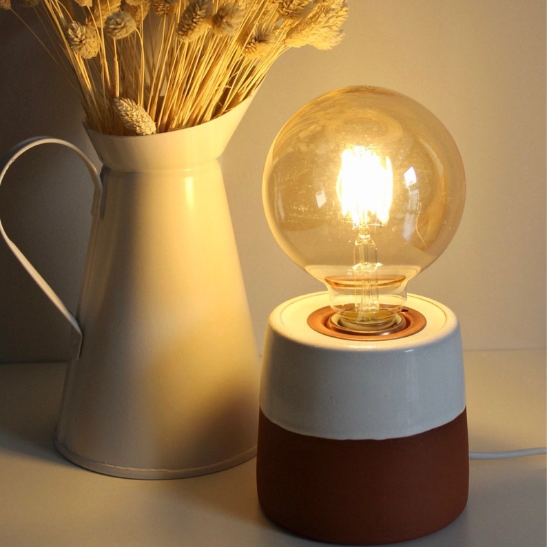 Handmade Pottery White Small Lamp, Modern Bedside Lighting, Scandinavian Desk Light, Unique Terracotta Room Decor Table Lamp image 3