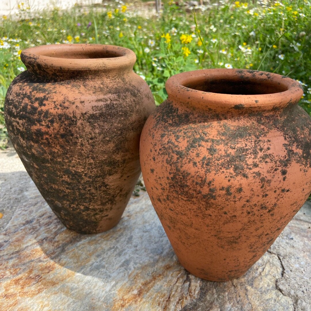Vintage Terracotta Pottery Vase, Clay Primitive Rustic Decor, Antique