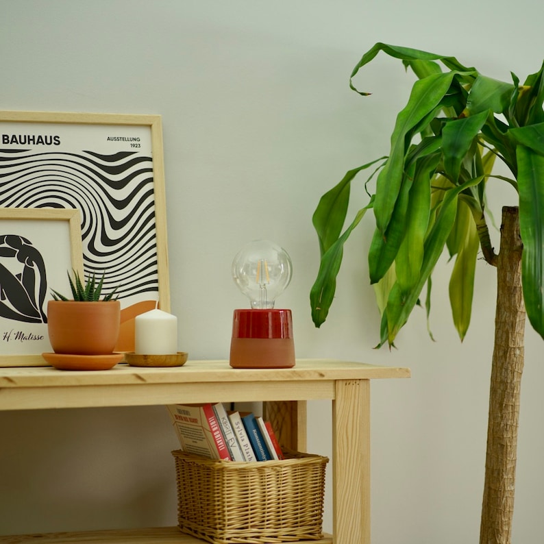 Red Ceramic Small Table Lamp Bedside Lighting Boho Desk Etsy