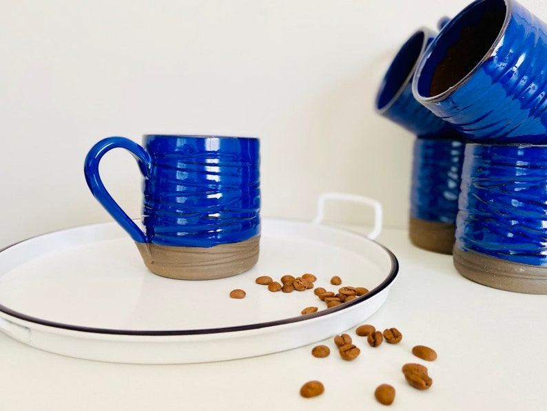 Blue Ceramic Coffee or Tea Cup, Pottery Mug 10 oz, Handmade Terracotta Cup, Housewarming Gift image 10