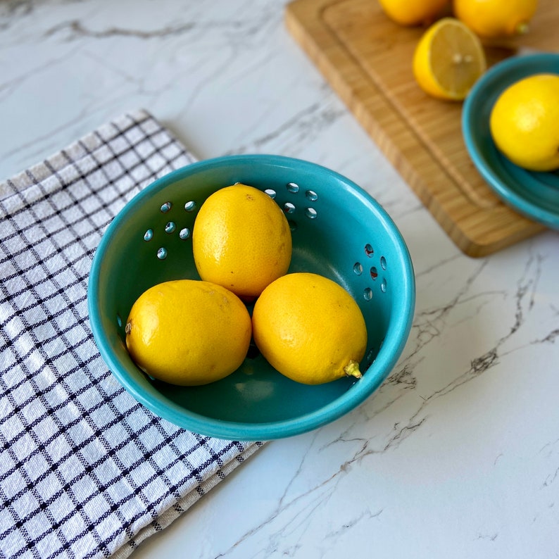 Turquoise Ceramic Berry Bowl, Pottery Fruit Colander with Saucer, Clay Strawberry Strainer Plate, Cook Kitchen Gift, Housewarming Gift image 2