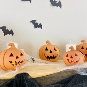 Halloween Pumpkin Candle Holder set, Ceramic Jack O Lantern, Pottery Tea Light Holder, Outdoor or Garden Luminary, Cute Pumpkins Table Decor