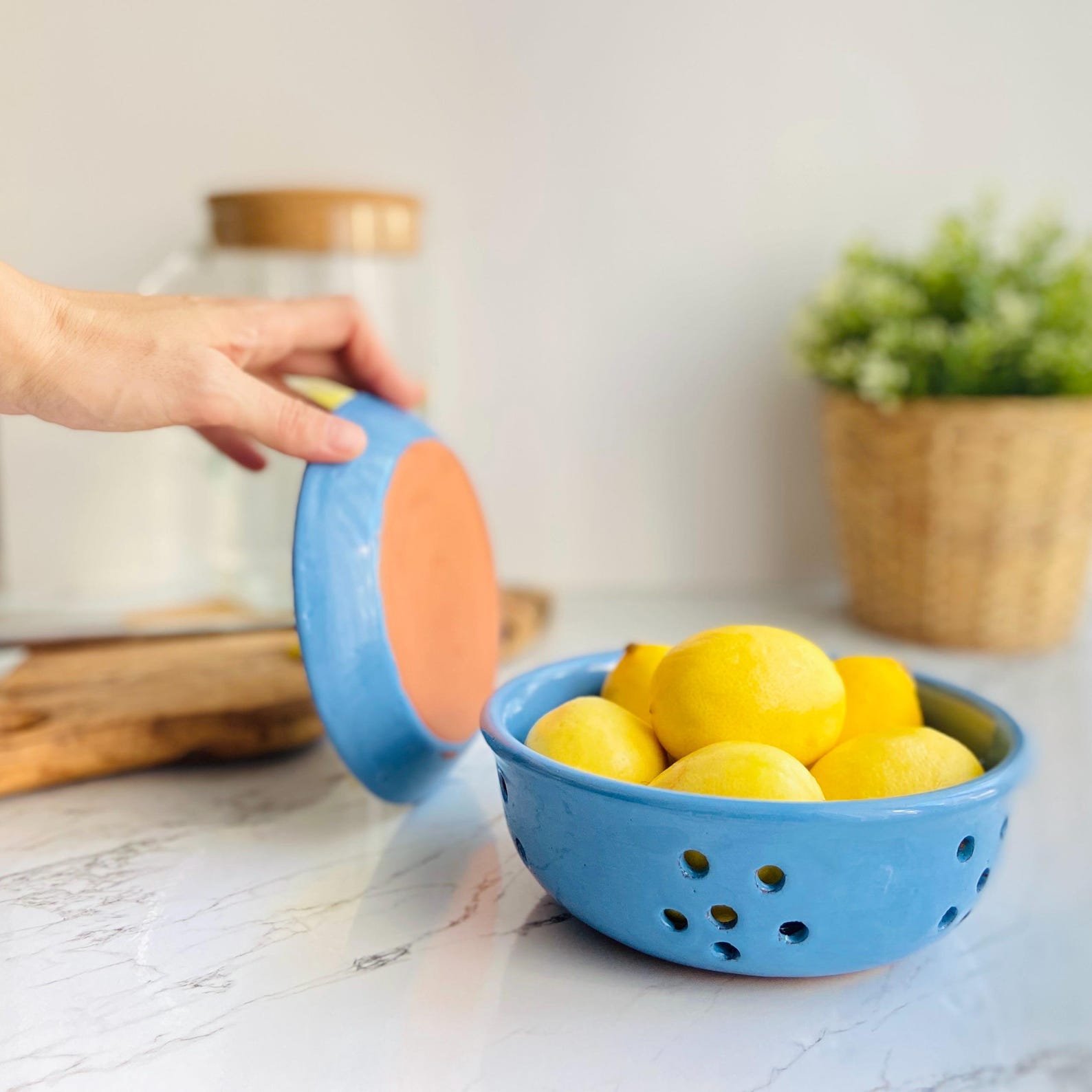 Ceramic Berry Colander with Drip Tray - Blue