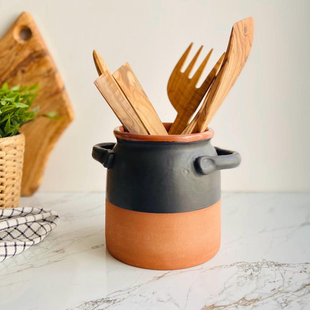 Black Ceramic Large Utensil Holder, Rustic Pottery Storage Jar, Country ...