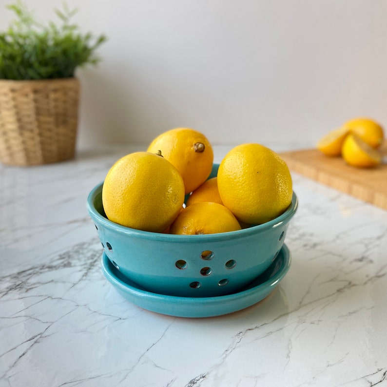 Turquoise Ceramic Berry Bowl, Pottery Fruit Colander with Saucer, Clay Strawberry Strainer Plate, Cook Kitchen Gift, Housewarming Gift image 10