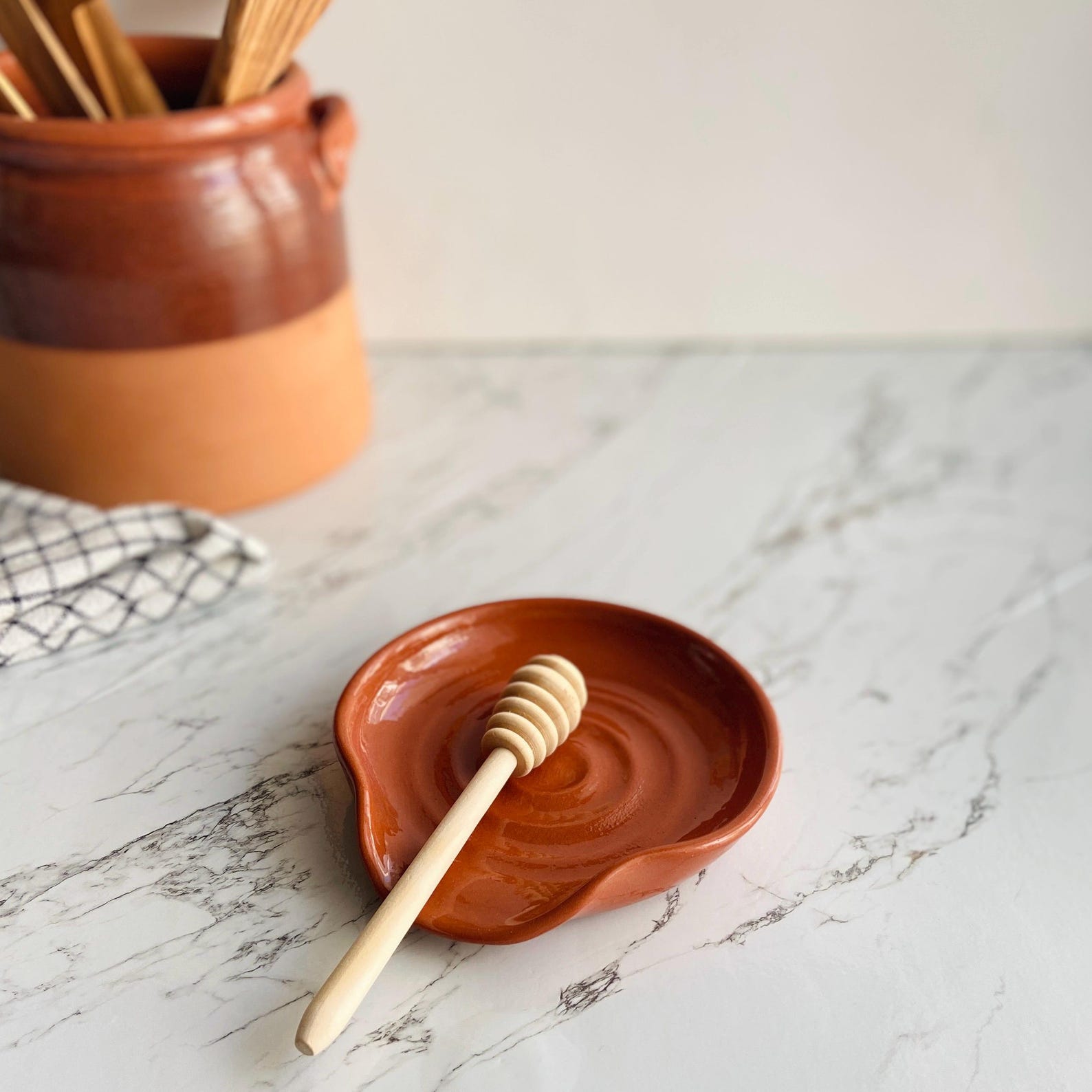 Terracotta Spoon Rest, Rustic Ceramic Spoon Holder for Stove, Farmhouse Cooking Kitchenware, Speckled Spoon Dish, Homeowner Gift - 6 - Terracotta