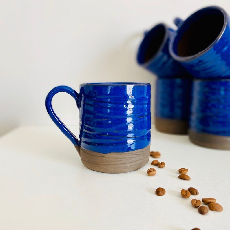 Blue Ceramic Coffee or Tea Cup, Pottery Mug 10 oz, Handmade Terracotta Cup, Housewarming Gift image 4