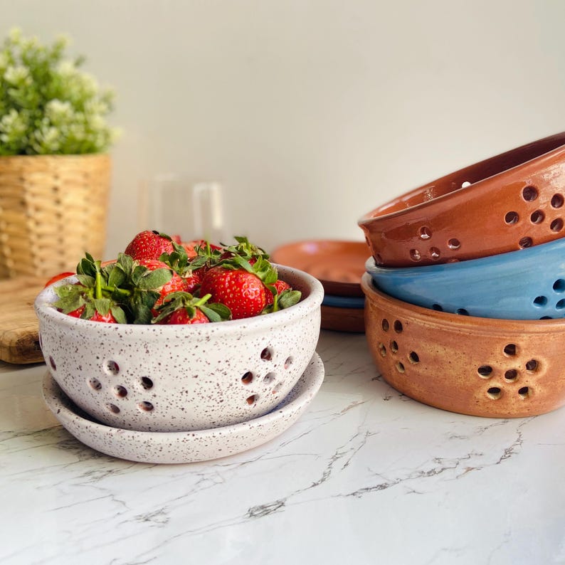 Pottery Berry Bowl with Saucer, Ceramic Fruit Colander, Clay Strawberry Plate, Terracotta Strainer with Holes, Farmhouse Cook Gift