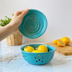 Turquoise Ceramic Berry Bowl, Pottery Fruit Colander with Saucer, Clay Strawberry Strainer Plate, Cook Kitchen Gift, Housewarming Gift image 3