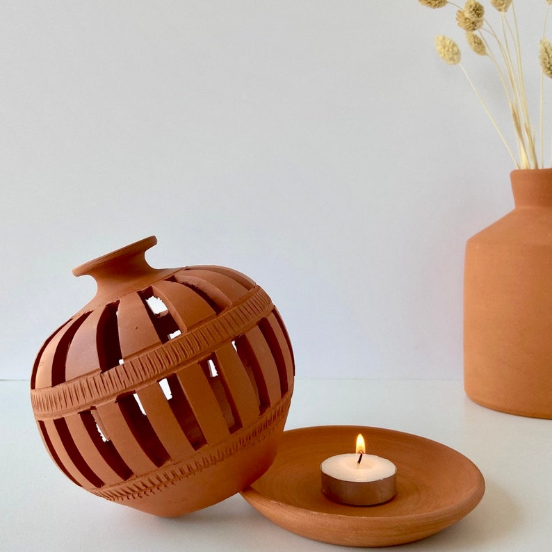 Boho Rustic Terracotta Candle Holder Pottery Lantern Natural Etsy