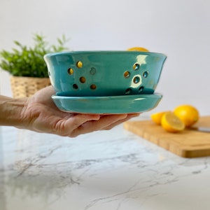 Turquoise Ceramic Berry Bowl, Pottery Fruit Colander with Saucer, Clay Strawberry Strainer Plate, Cook Kitchen Gift, Housewarming Gift image 6
