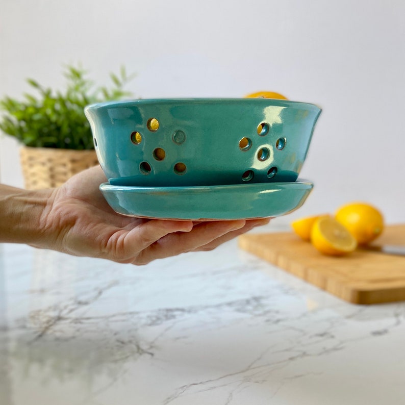 Turquoise Ceramic Berry Bowl, Pottery Fruit Colander with Saucer, Clay Strawberry Strainer Plate, Cook Kitchen Gift, Housewarming Gift image 6