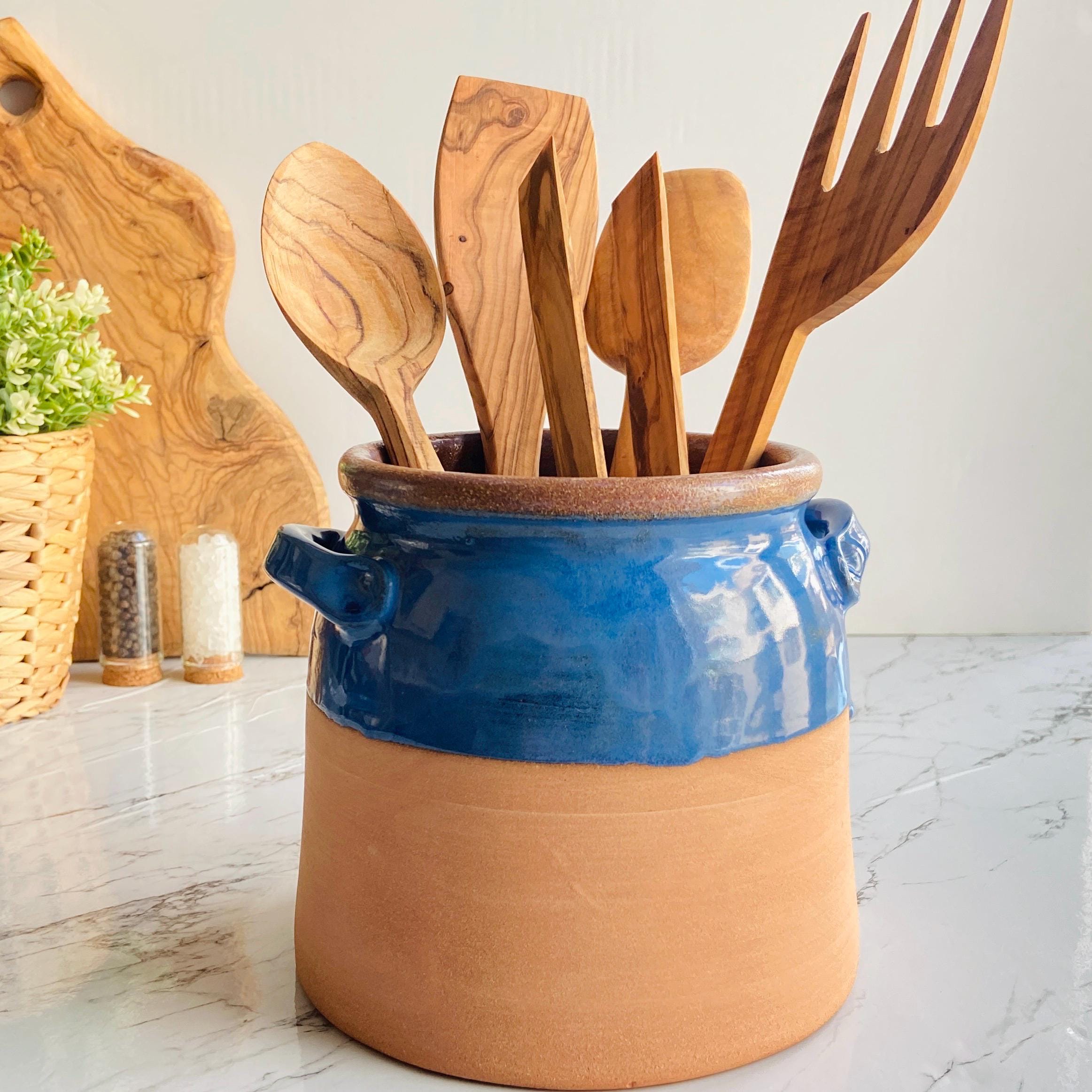 ZEBERBO White & Orange Ceramic Utensil Crock With Removable Filter & Cork Bottom - Farmhouse Kitchen Organizer, 7.2"H