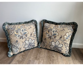 Set of 2 Handmade Paisley Floral Navy Blue Throw Accent Pillows with Fringe