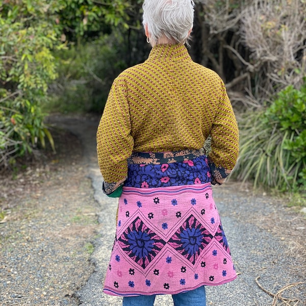 Kantha Quilt Jacket Bohemian Handstitched Patchwork Cotton Coat Long Open Kimono