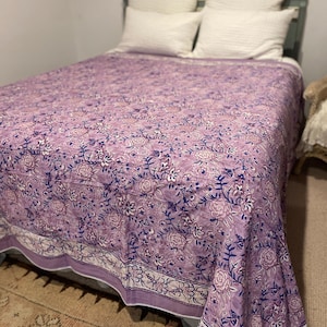 Lilac Floral Cotton Dohar Bed Sheet Block Printed Coverlet Queen Size Bed Handmade Reversible Soft Lilac  White