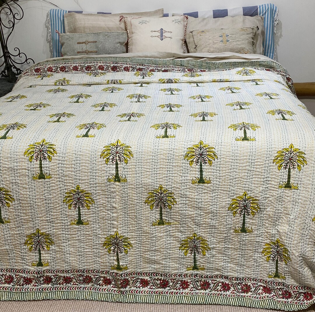 Cotton Kantha Quilt Palm Tree Block Printed Ethnic Hand Stitched