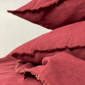 Luxury Flax Linen Bedding Queen Sheet Set - Stonewashed European - Red Wine Marsala Linens for Bedrooms