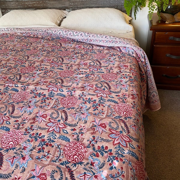 Floral Bedding Cotton Dohar - Quilted Flower Block Printed Coverlet Queen Bed Handmade Reversible Sheet Dusty Pink
