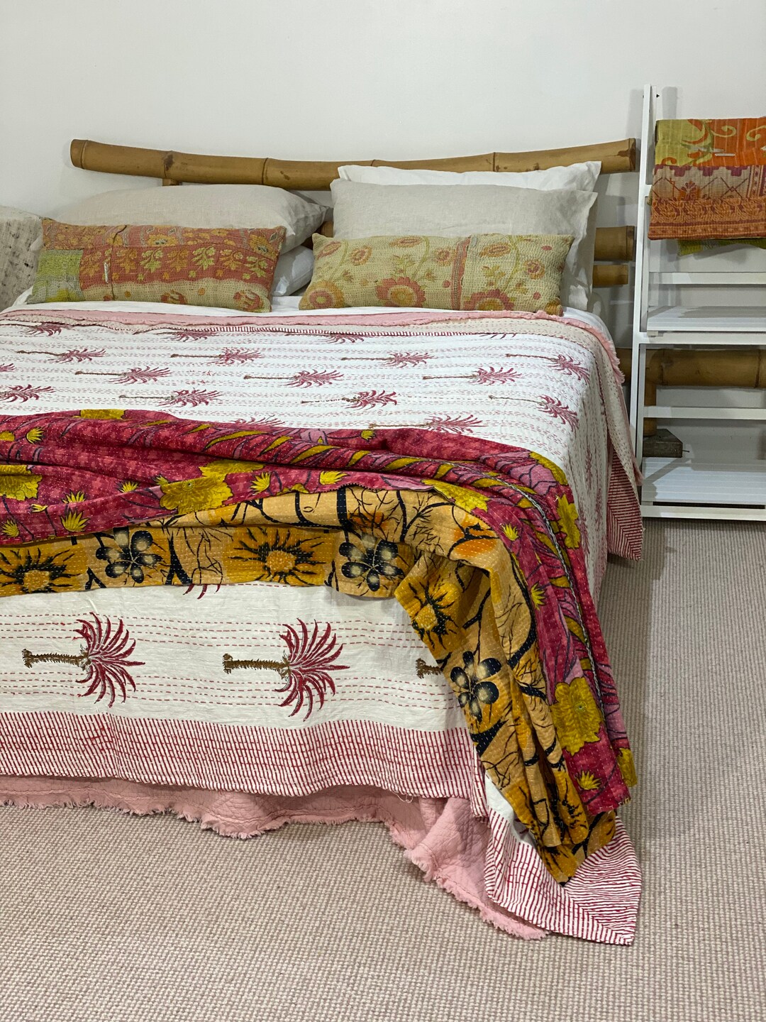 Cotton Kantha Quilt Palm Tree Block Printed Ethnic Hand Stitched