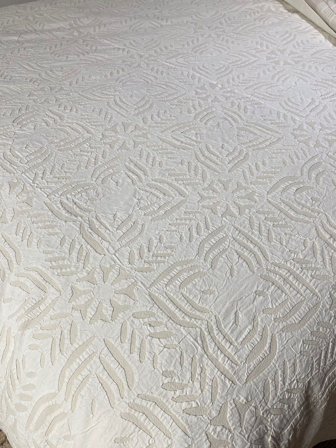 White Cotton Cutwork Bedding Shabby Chic Queen Size Coverlet, Quilt