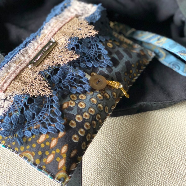 Hand-made sashiko boro purse slow stitched cotton pouch sustainable gift repurposed slow fashion