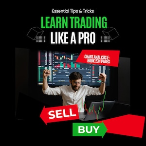 Puede incluir: Un hombre con una camisa blanca celebra frente a una pantalla de computadora que muestra gráficos del mercado de valores. La pantalla muestra una flecha verde apuntando hacia arriba y el texto "LEARN TRADING LIKE A PRO". Hay flechas rojas y verdes apuntando hacia la izquierda y la derecha con las palabras "SELL" y "BUY" en ellas. El texto "CHART ANALYSIS E-BOOK 234 PAGES" también es visible.