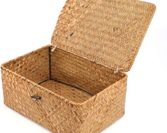 lidded storage basket storage solutions Toy basket with lid in palm leaf and reed toy box storage box panier \u00e0 linge wicker chest