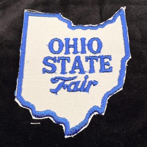 Vintage Ohio State Fair Patch State Shaped Blue White Embroidered Souvenir 1960s 1970s Ohio Memorabilia