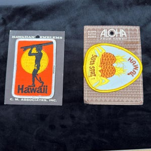 Puede incluir: Dos parches bordados sobre cartón. El parche rectangular de la izquierda presenta la silueta negra de un surfista frente a un sol amarillo sobre un fondo naranja con el texto Hawaii. El parche ovalado de la derecha muestra dos piñas con el texto 50th State Hawaii.