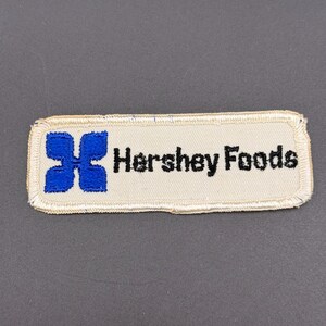 Hershey Foods Embroidered Logo Patch, Blue Cream Advertising Emblem, Chocolate Collectible Craft Supply, SKU 5357