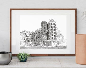 Dancing House, Fred and Ginger, Prague, World Architecture, hand drawn art, black and white ink, Architecture drawing
