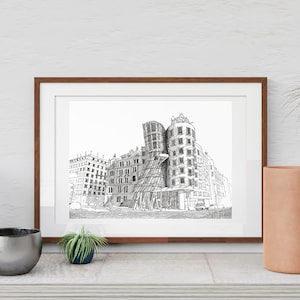 Dancing House, Fred and Ginger, Prague, World Architecture, hand drawn art, black and white ink, Architecture drawing