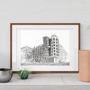 Casa Danzante, Fred y Ginger, Praga, Arquitectura Mundial, arte dibujado a mano, tinta blanca y negra, dibujo de arquitectura