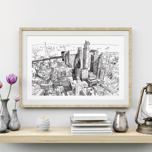 London wall art, London skyline, aerial, black and white hand drawing, Englan, UK, Architecture drawing