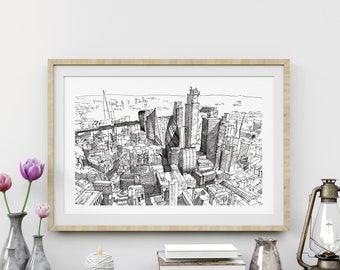 London wall art, London skyline, aerial, black and white hand drawing, Englan, UK, Architecture drawing