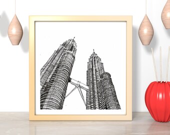 Kuala Lumpur Twin Towers, Petronas Towers wall print, black and white hand drawing, world architecture, Malaysia, Architecture drawing