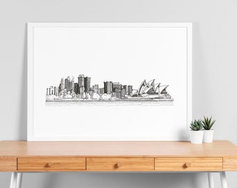 Sydney Harbour, Australia, hand drawn architecture, black and white ink, world architecture
