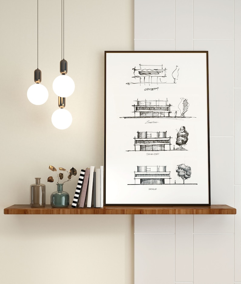May include: A black and white architectural sketch of a house with the words "Concept", "Structure", "Framework", and "Model" labeled below each drawing.