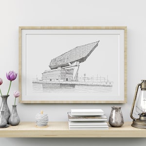 Zaha Hadid, Antwerp Port House, Belgium, world architecture, hand drawn art, black and white ink, Architecture drawing