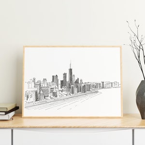 Skyline di Chicago, stampa architettonica, skyline di Chicago, arte murale architettonica, penna e carta architettonica