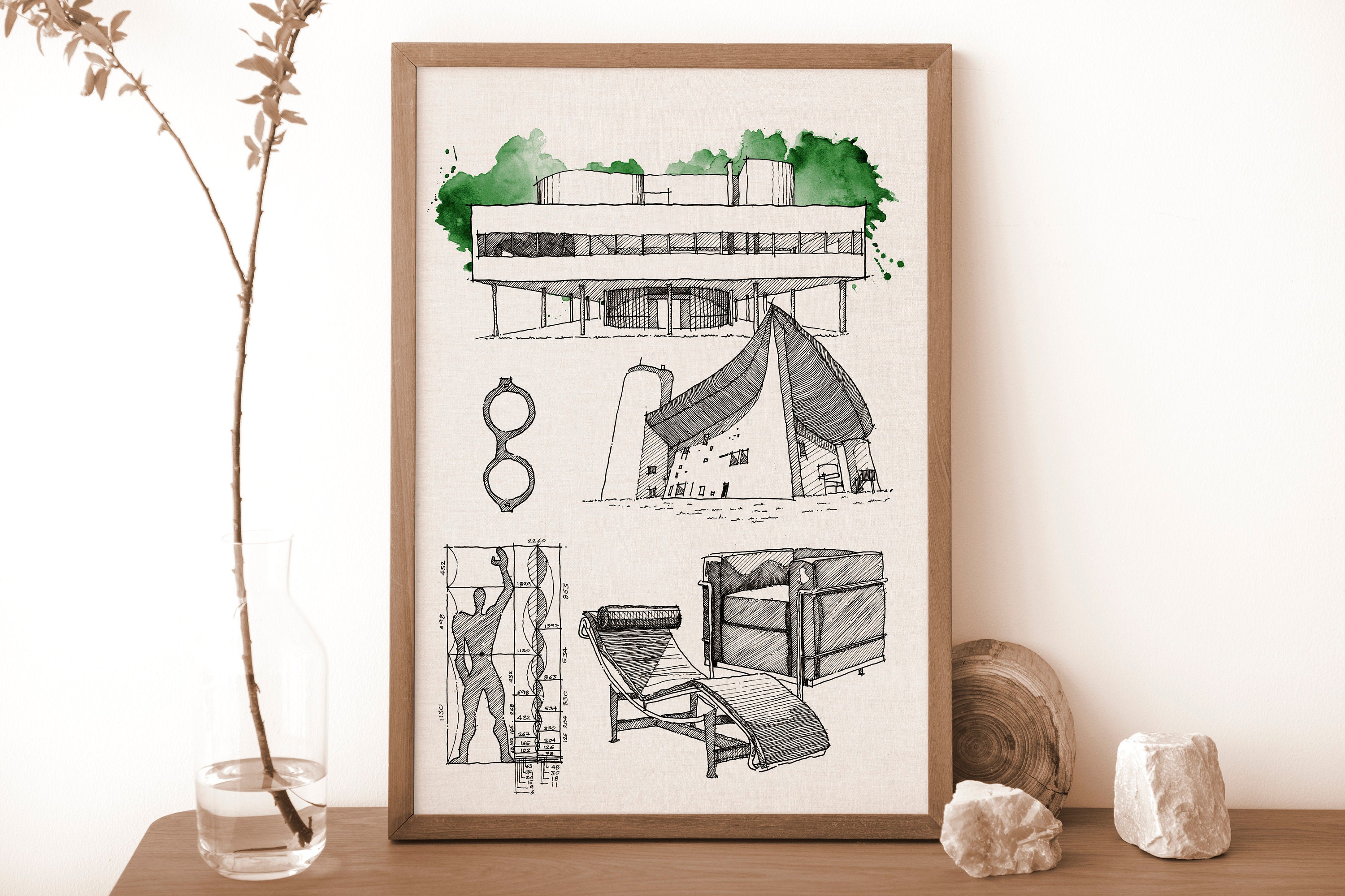 DIGITAL DOWNLOAD, Le Corbusier Collage, Villa Savoye, Ronchamp, Notre Dame Du Haut, Modular Man, Petite Chair, Chaise Lounge,