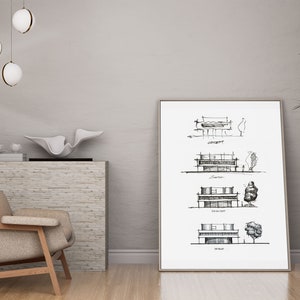 May include: A black and white architectural drawing of a house with different stages of design, labeled "Concept", "Solution", "First Draft", and "Final". The drawing is framed and hanging on a white wall in a modern living room.