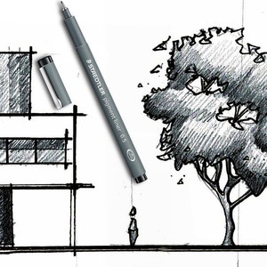 May include: A black and white sketch of a building with a tree in front of it. The building has a flat roof and windows. The tree has a thick trunk and many branches. A person is standing in front of the tree. The image is drawn with a Staedtler Pigment Liner 0.5 pen.