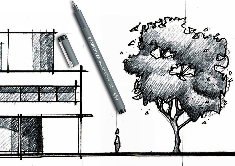 May include: A black and white sketch of a building with a tree in front of it. The building has a flat roof and windows. The tree has a thick trunk and many branches. A person is standing in front of the tree. The image is drawn with a Staedtler Pigment Liner 0.5 pen.