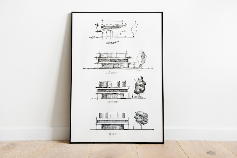 May include: A black and white architectural drawing of a house with four different stages of design, labeled "Concept", "Elevation", "Final Concept", and "Facade".